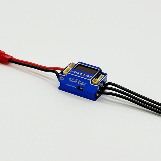 FURITEK MICROBOOST 2S LiPo 25A/50A Brushless ESC for 1/24 & 1/28 Drift/Race Cars - Sensored/Sensorless, Blue Color with LCD Display, Solderable and Wire Replaceable
